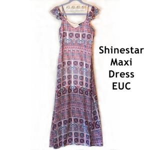 Shinestar Sheer A-line Paisley Print Red, White & Blue Maxi Dress Size Small
